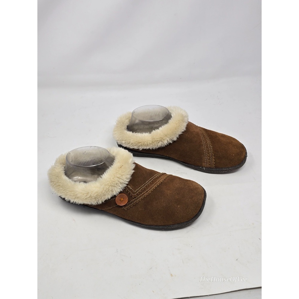 Clarks Rebecca Chestnut Brown Suede Faux Fur Clog Slippers Mules Sz 9